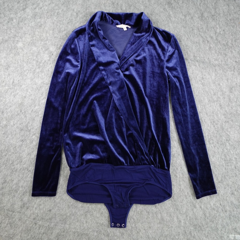 Pure Good Bodysuit Women Extra Small Blue Velvet Long Sleeve Surplice VNeck